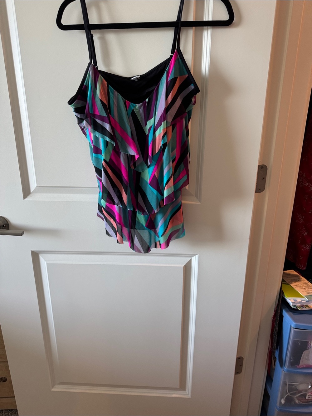 Tropical Escape Geometric Stripe Ruffle tankini in Teal, Pink & Black